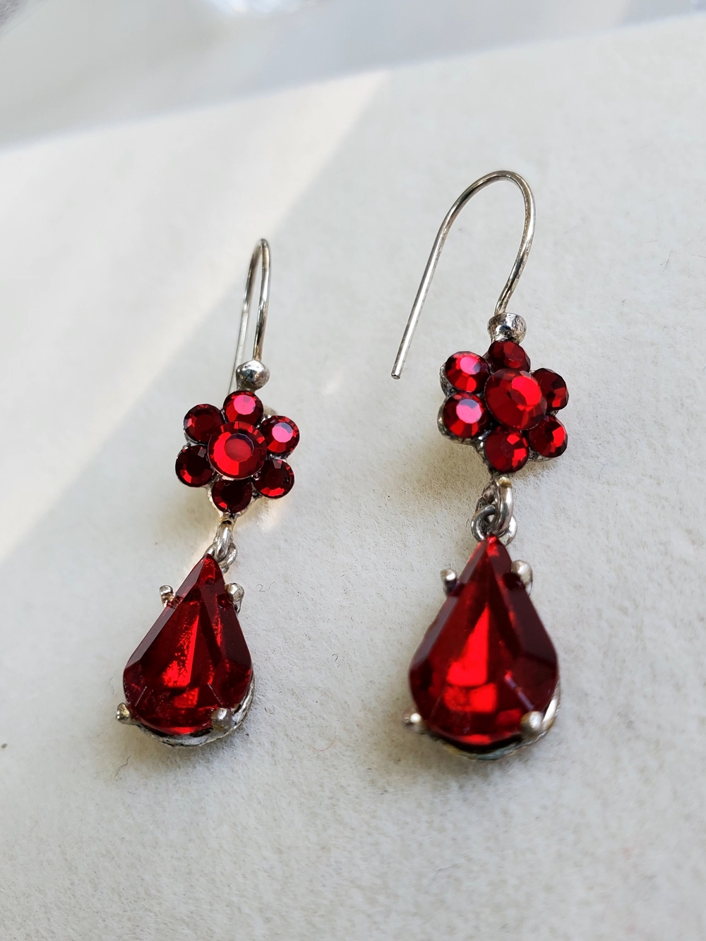 Red Teardrop & Floral Crystal Drop Earrings - Women Jewelry